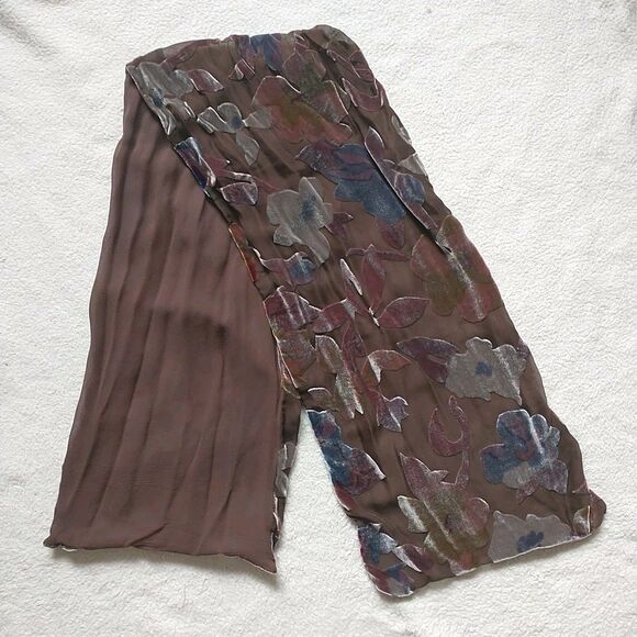 Elaine Gold Collection XIIX Scarf Brown Floral Silk Blend Velvet Burnout Fairy - Picture 3 of 7